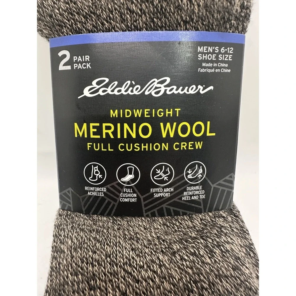 Eddie Bauer Merino Wool Crew Socks 2 Pair Pack Mens 6-12 Midweight